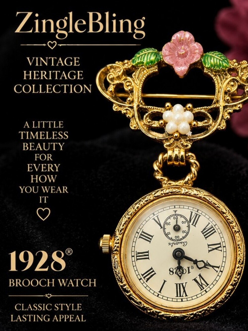 1928 Victorian Revival Brooch Watch Gold Tone Enamel Floral Pin